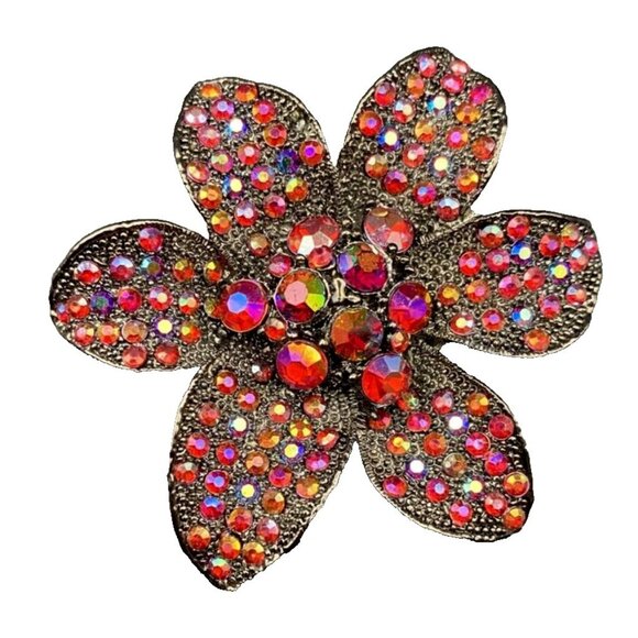 Unbranded Jewelry - Sparkling Vintage Brooch Japanned Flower Pin AB Red Rhinestones Boho